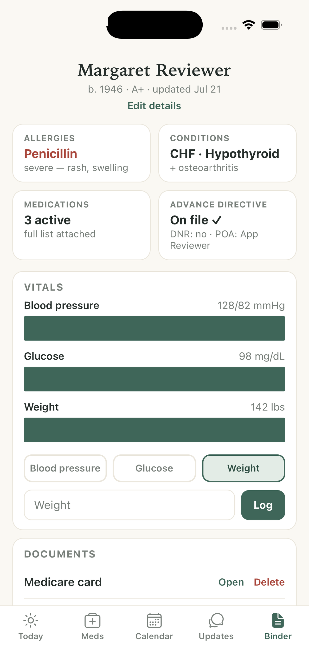 Kithwell vitals tracking and document vault screen